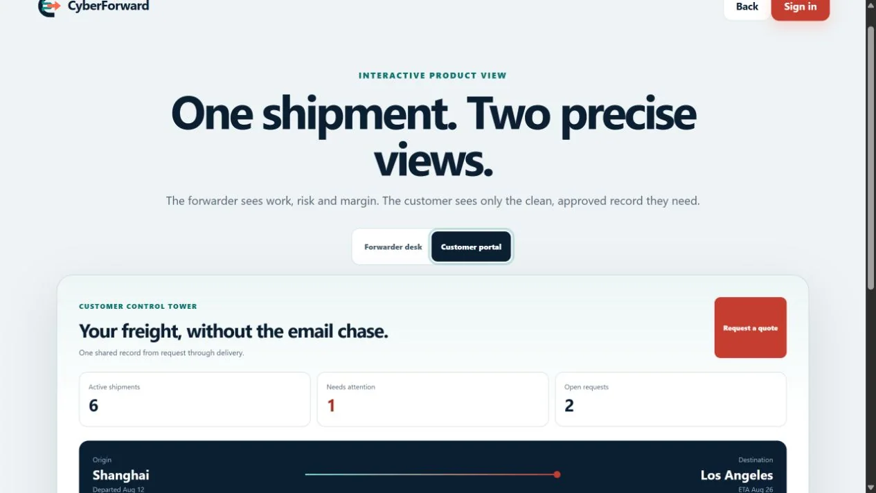 CyberForward customer portal with active shipments and approved documents