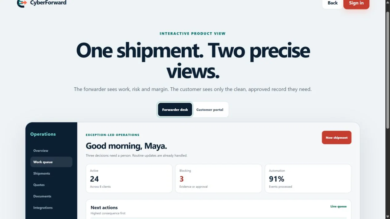 CyberForward live exception-led freight operations desk